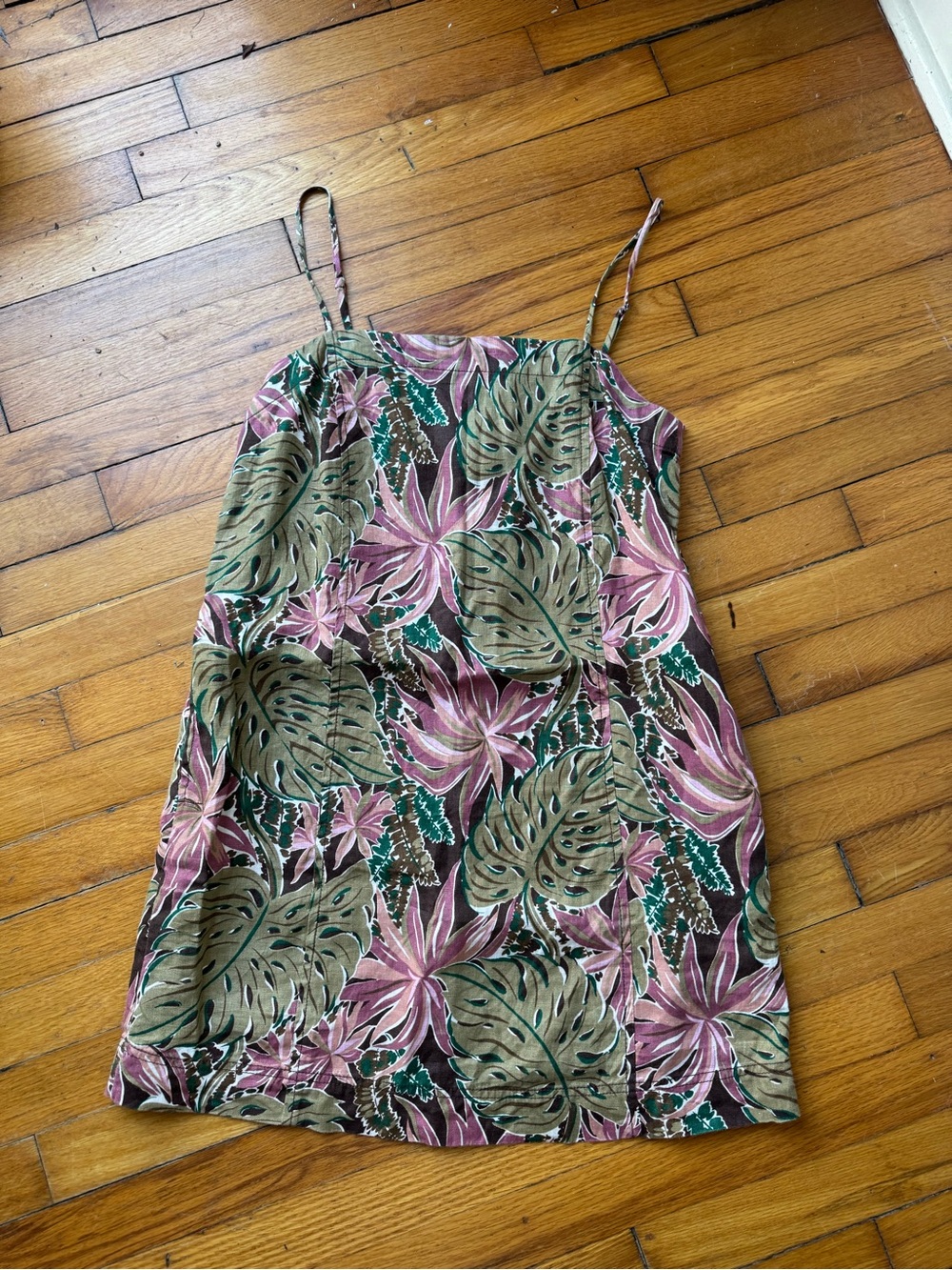 Madewell Tropical Print Linen Dress in Pink & Green